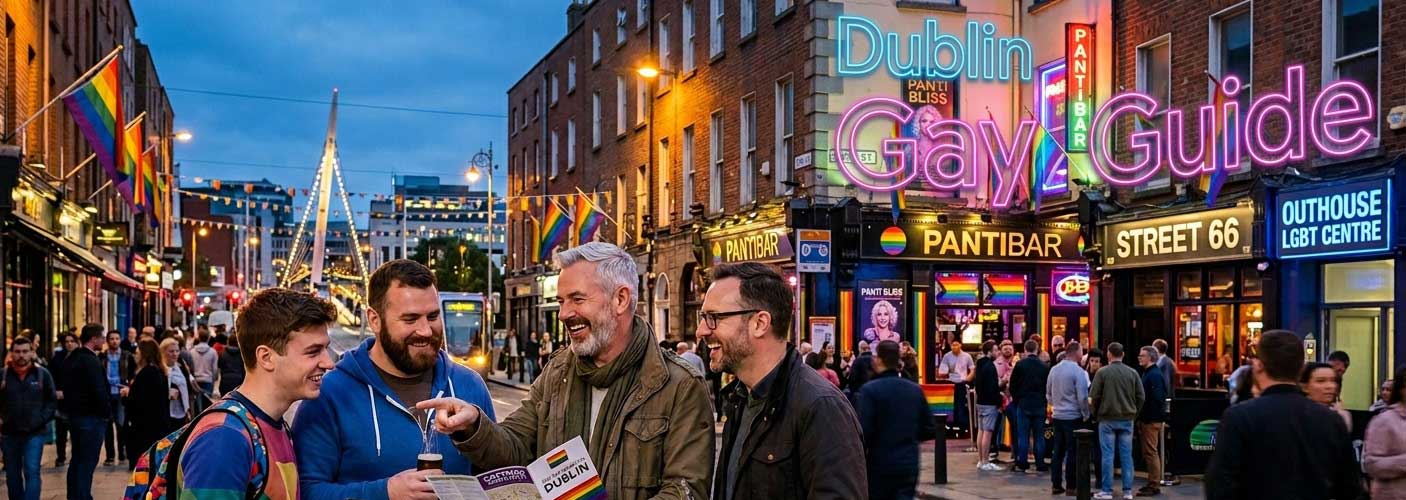 A group of men looking at a travel map outside PantiBar and Street 66 on Capel Street, illustrating the Caffmos Dublin Gay Guide