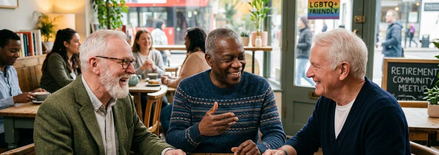 Three diverse mature gay men laughing together over coffee in a bright cafe with a 'Retirement Community Meetup' sign in the background.