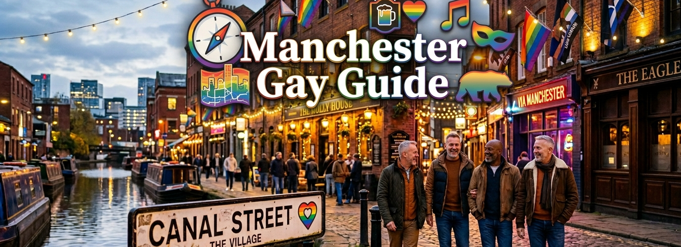 Four mature gay men walking along the cobbled Canal Street in Manchester's Gay Village, featuring the Manchester Gay Guide logo and pride icons.